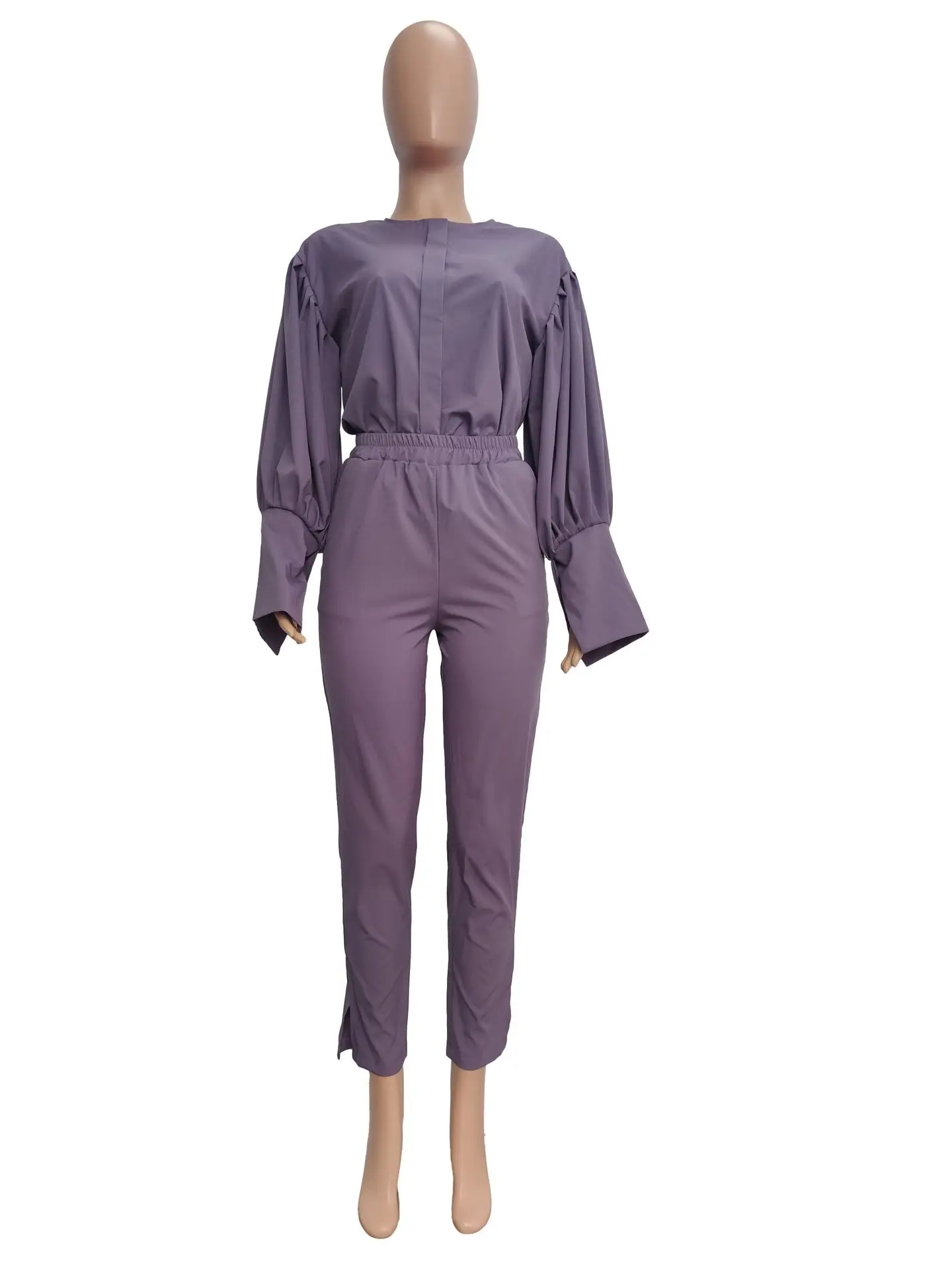 

Turn Down Collar 2 Piece Set Top and Pants Matching Sets for Women Puff Sleeve High Waist Elegant Office Lady Fall Clothing