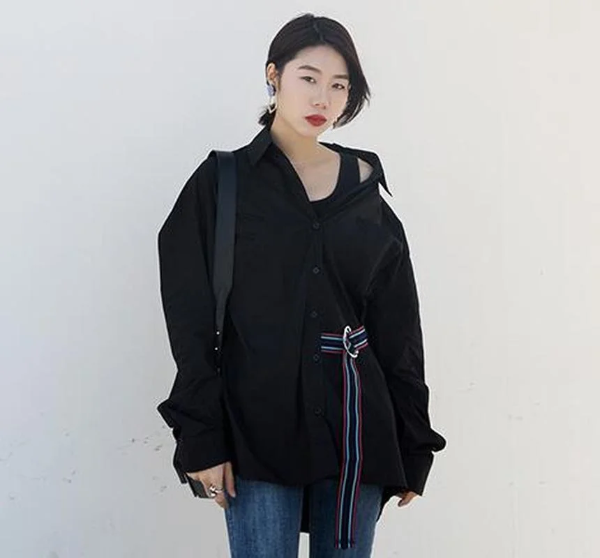 

SuperAen Fashion 2021 New Korean Shirt Dress Loose Big Size Temperament Belt Long Sleeve Shirts Women