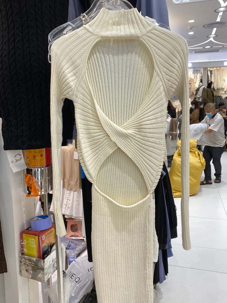 

Free Shipping Sexy Leaky Back Knotted Leaky Waist Knitted Wool Tight-fitting Butt-Pack Dress Ladies' Autumn New Fashion