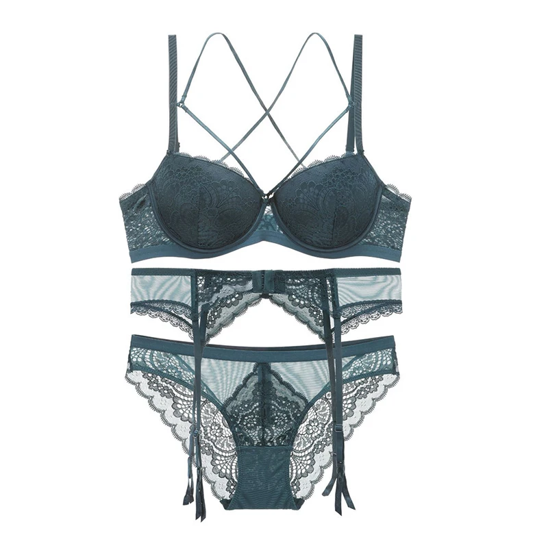 Sexy Lace Bra+ Panties+ Garters Set Underwear Push Up Bra Thick Padded Backless Bandage Bra A B C D Cup Women Lingerie