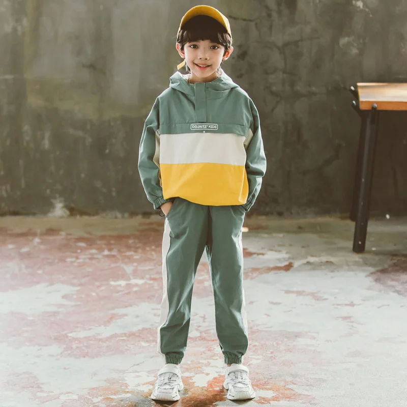 

Boy's sports suit 2021 spring new fashion big kids color matching letter sleeve two-piece set