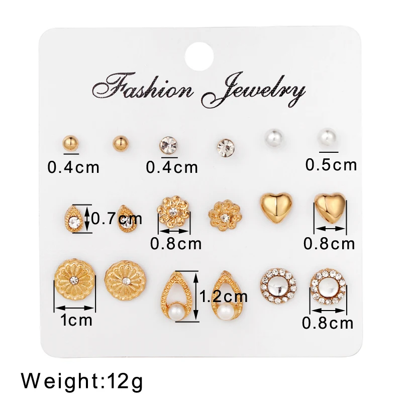 9 пар/компл. серьги-гвоздики набор с карточкой прозрачный циркон имитация жемчуга