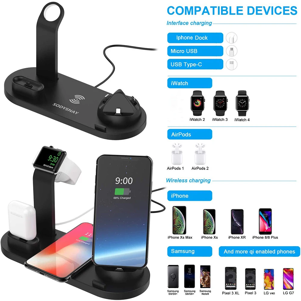 QI Wireless Charging Stand Station For Apple Watch Series 5 4 3 2 Airpods Iphone 11 Pro Max XR 8 Plus X Charger Dock | Мобильные