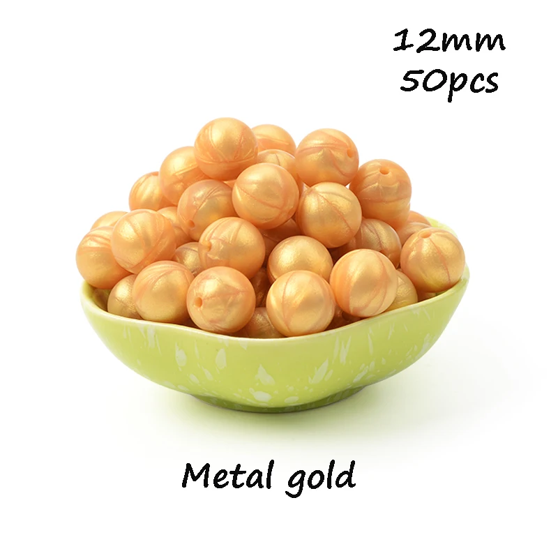 Metal gold LOFCA, 12 мм, 50 шт./лот, бусины из пищевого силикона, Прорезыватель для зубов, круглые бусины, Детская жевательная для прорезывания зубов, Силиконовые Прорезыватели для самостоятельного изготовления - Цвет: Metal gold