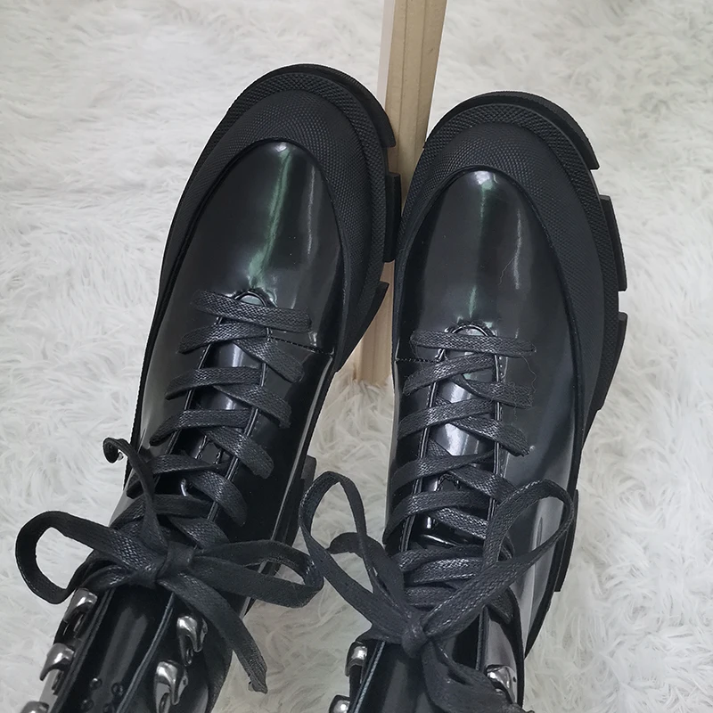 Design NEW Rock punk women shoes round toe patent leather med 5cm heel platform cross-tied Retro party boots | Обувь