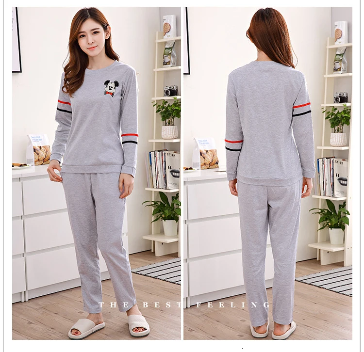 Пижамные комплекты для женщин с круглым вырезом Pijama Mujer пижама с длинным рукавом весенняя Хлопковая пижама Femme Повседневные наборы пижам комплект из двух предметов