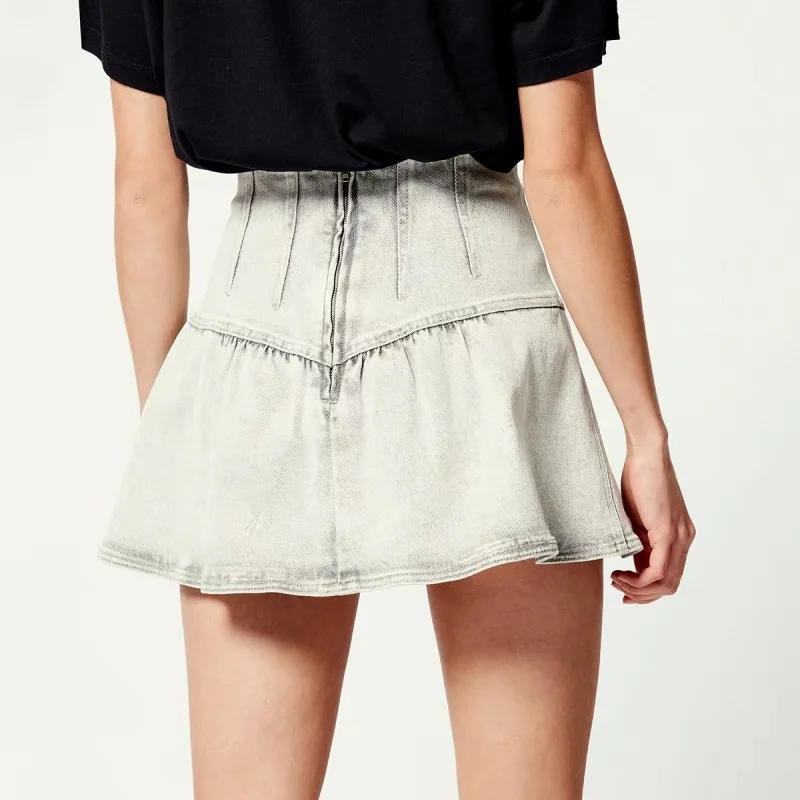 

2021 Spring Summer Women Denim Mini Skirt Lady High Waist Slim Ruffles Trim Short Skirts With Zipper