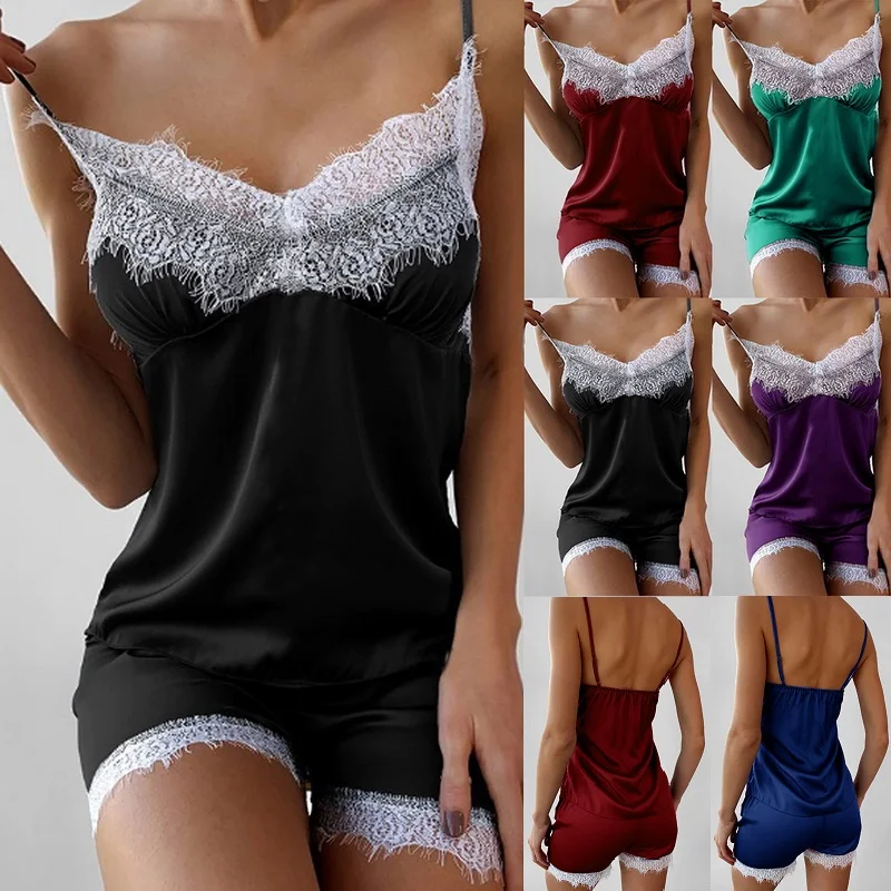 

Summer Sexy Women Silk Satin Pajama Set Sleeveless Top Sleepwear Shorts Ladies Sexy Babydoll Nightwear Lace Lingerie 2Pcs Set
