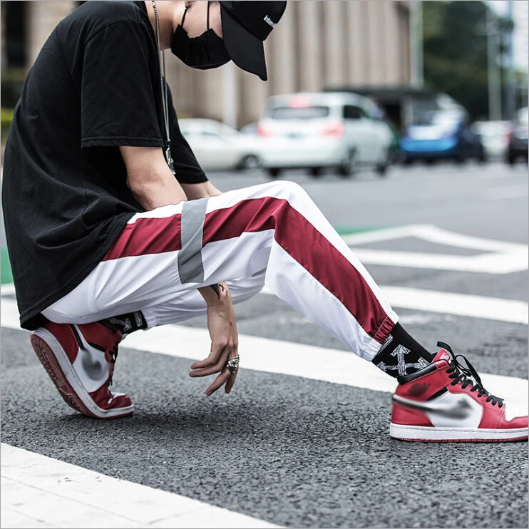 

Side Striped Sweatpants Men's Jogger Hip Pop Long Patchwork Reflective Cargo Track Pants High Elastic Waist Trousers