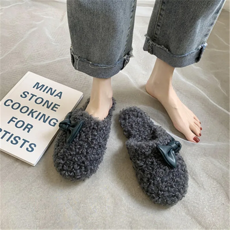 

New Winter Women Memory Bowknot Foam Cozy Home Slippers Faux Fur Flat Warm Plus Female Comfort Ladies Hairy Lovely Fashion
