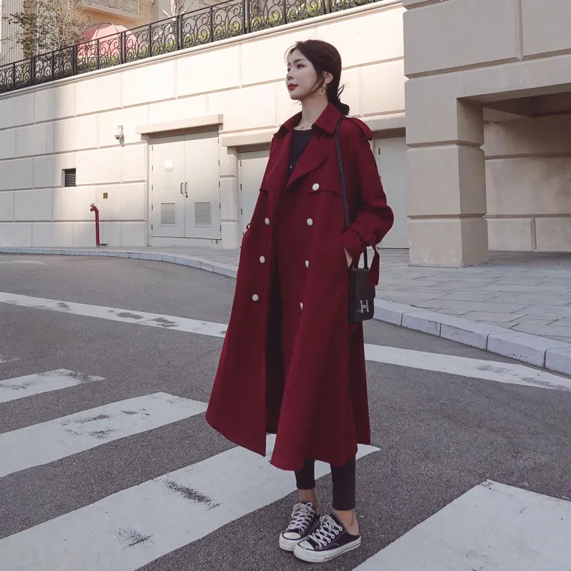 Женский двубортный тренчкот длинное пальто в британском стиле с отложным