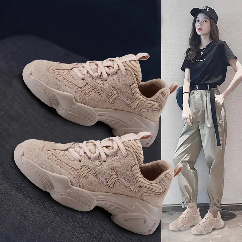 

Casual Mesh Platform Sports Shoes Leather Breathable Woman Sneakers 2021 Spring Women's Shoes Lace Up Zapatos De Mujer Beige