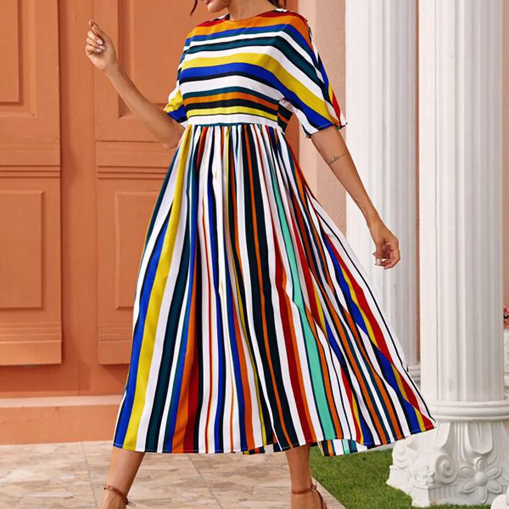 Boho Полосатое лоскутное ТРАПЕЦИЕВИДНОЕ ПЛАТЬЕ МИДИ Лето 2020 элегантное офисное