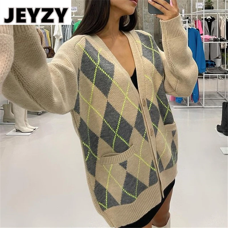 

Jeyzy Loose Knitwear Women Oversized Casual Argyle Autumn Winter Cardigans 2021 Knitted V Neck Long Sweater Y2K Tops Outwear