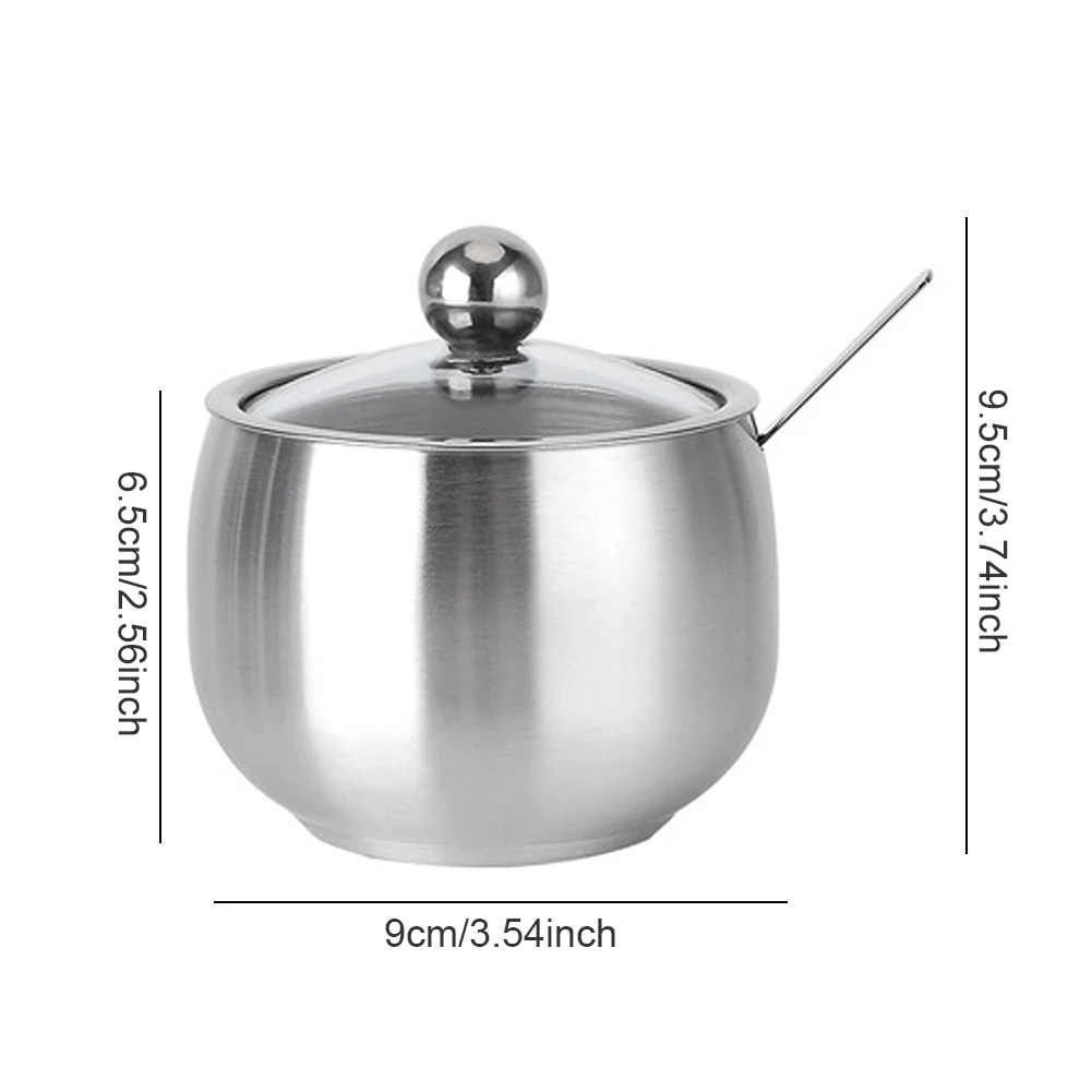 

Sugar Bowl 304 Stainless Steel Sugar Pot Spice Jar Salt Cellar Container Condiment Jar With Clear Lid Spoon For Spice Condiment