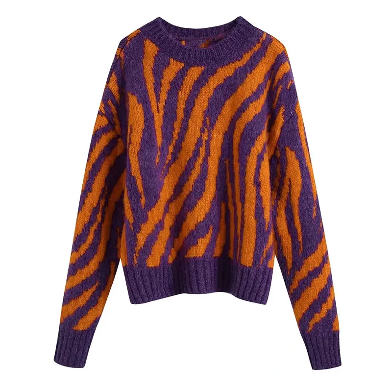 

Nlzgmsj ZBZA Women 2022 European and American Knitted Blouse Pullover Striped Loose Casual Long-Sleeved Round Neck Sweater