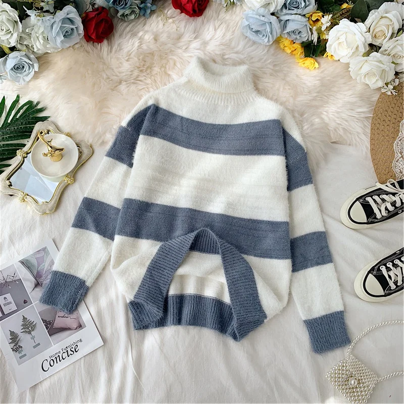 

2019 New Autumn Winter Women sweet Striped Sweaters Knitted Female Loose student Turtleneck Pullover cc1373
