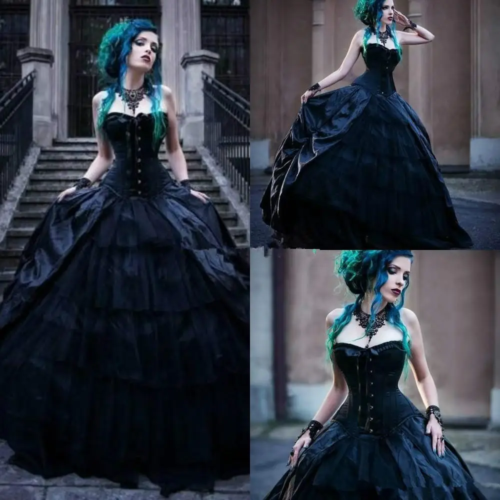 

Vintage Black Victorian Gothic Wedding Dresses Corset Strapless Vampires Punk Style Country Wedding Dress Plus Size Evil Queens