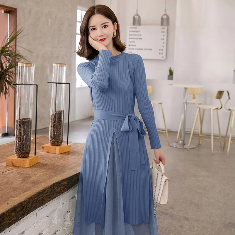 Платье для женщин 2019 осень зима трикотажные платья наборы элегантный длинный
