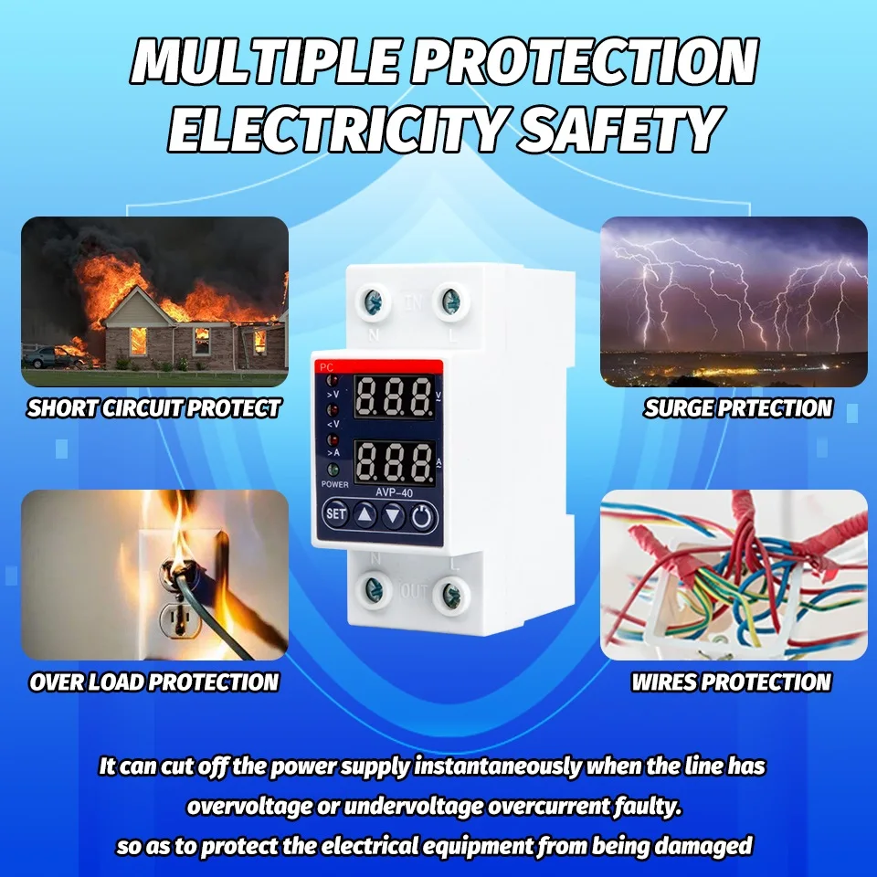 

Din Rail Dual Display Adjustable Over Voltage Current and Under Voltage Protective Device Protector Relay 40A 63A 220V 230V