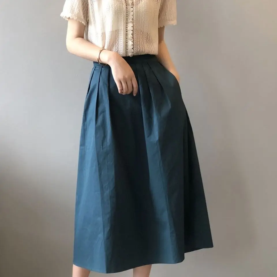 

Skirts Womens 2021 Spring New In Korean Casual High Waist A-Line Twill Folds Faldas Bottoms Female Lady Loose Blue Midi Skirts