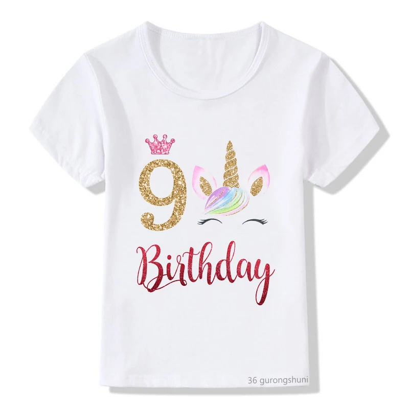 Camiseta con estampado de corona de unicornio para ni&ntilde;os, 5, 6, 7, 8, regalo de cumplea&ntilde;os para ni&ntilde;as, camisetas de verano, camisetas gr&aacute;ficas-3