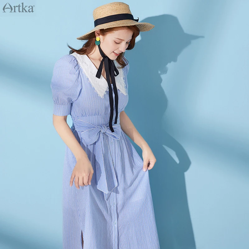 ARTKA 2020 Summer New Women Dress French Vintage Puff Sleeve Blue Striped Dresses Elastic Waist V-Neck Dress With Sash LA21208X