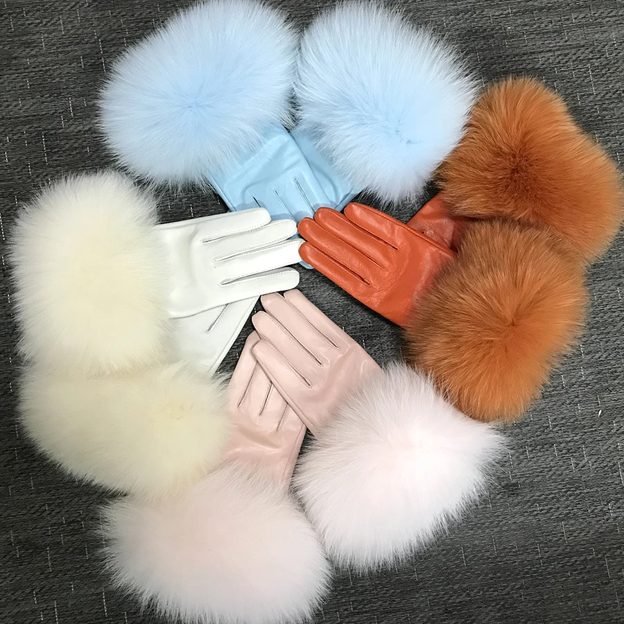 

Xfh Real Sheepskin Fox Fur Gloves Women's Genuine Leather Glove Winter Warm Fashion Style Natural Fluffy Fox Fur Oversized