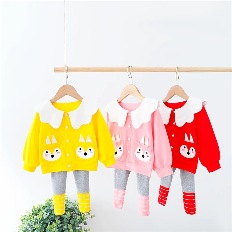 

Girls Clothing Sets Spring Baby Cartoon Lapel Cardigan Jacket Pants Children Kids Costume Toddler Infant Clothes