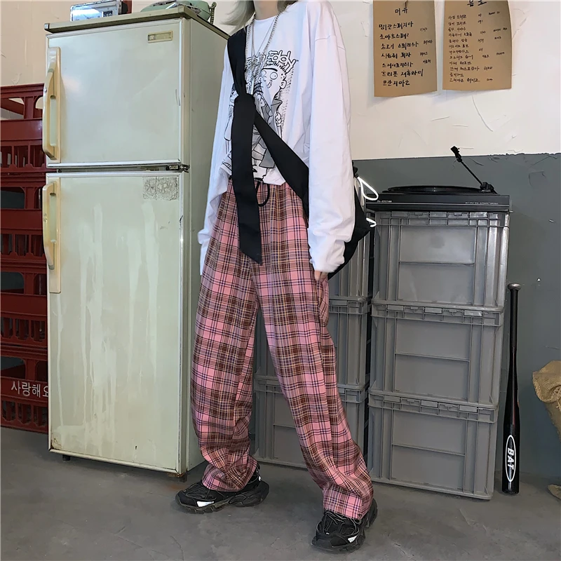 

trousers women ins vintage plaid casual sweatpants high wide leg pants fashion loose long capris hipster streetwear new autumn