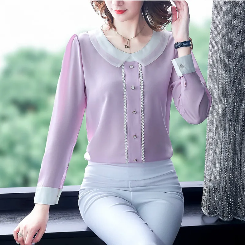 Блузка женская шифоновая с круглым воротником и длинным рукавом 2019 50|Блузки| |