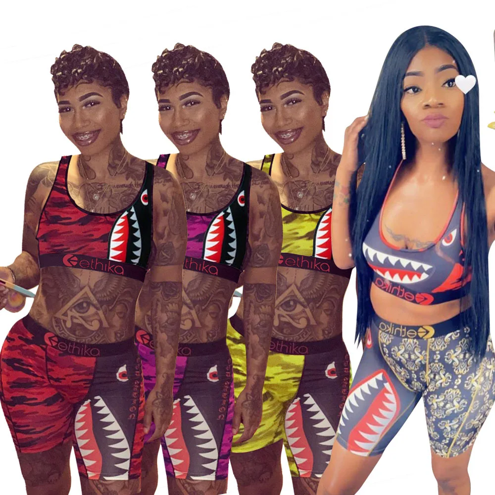 

brand new sexy women beach outfits summer print 2 pieces tank top and above knee pant set