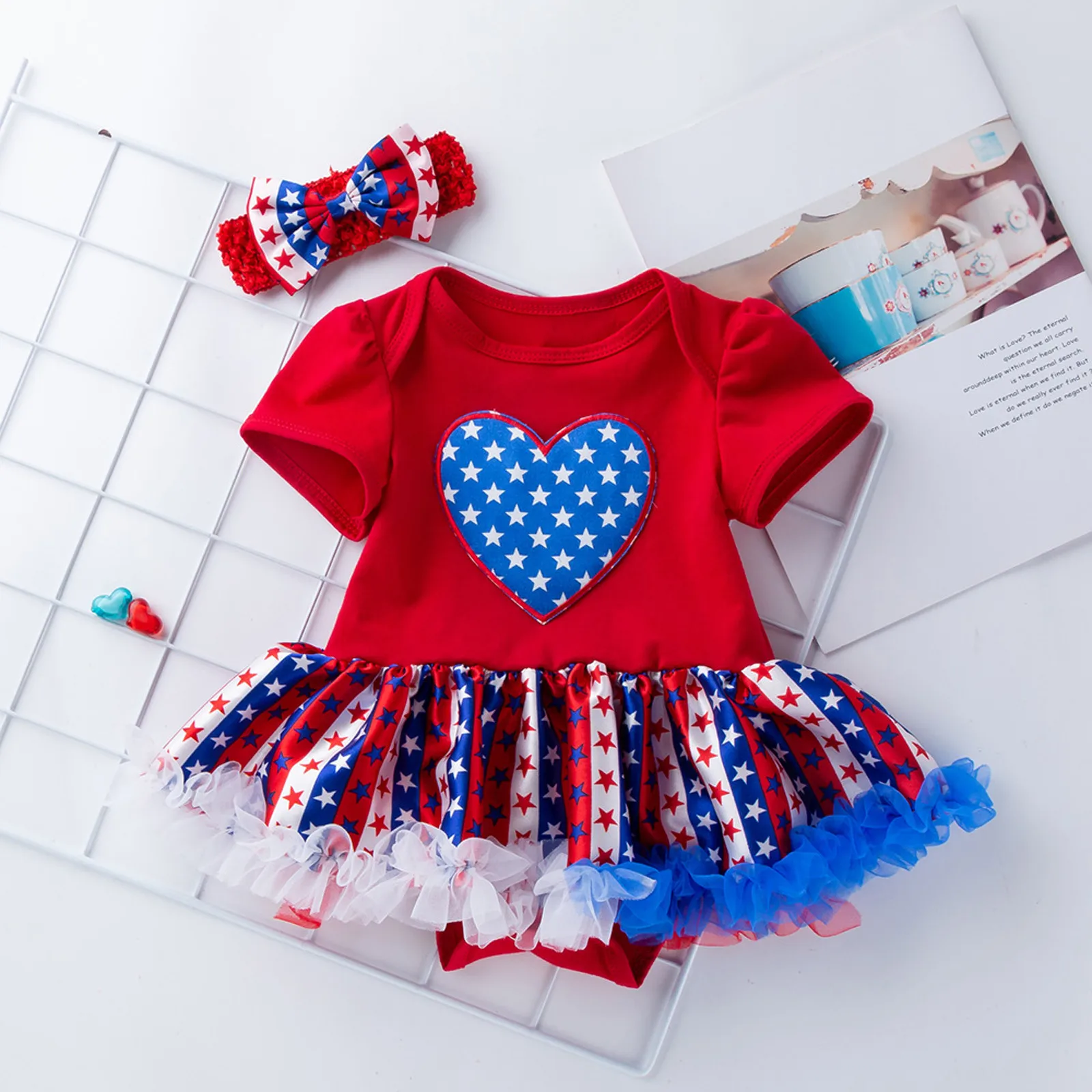 

Baby Girls Outfits Independence Day USA Flag Romper Headband Clothes Set