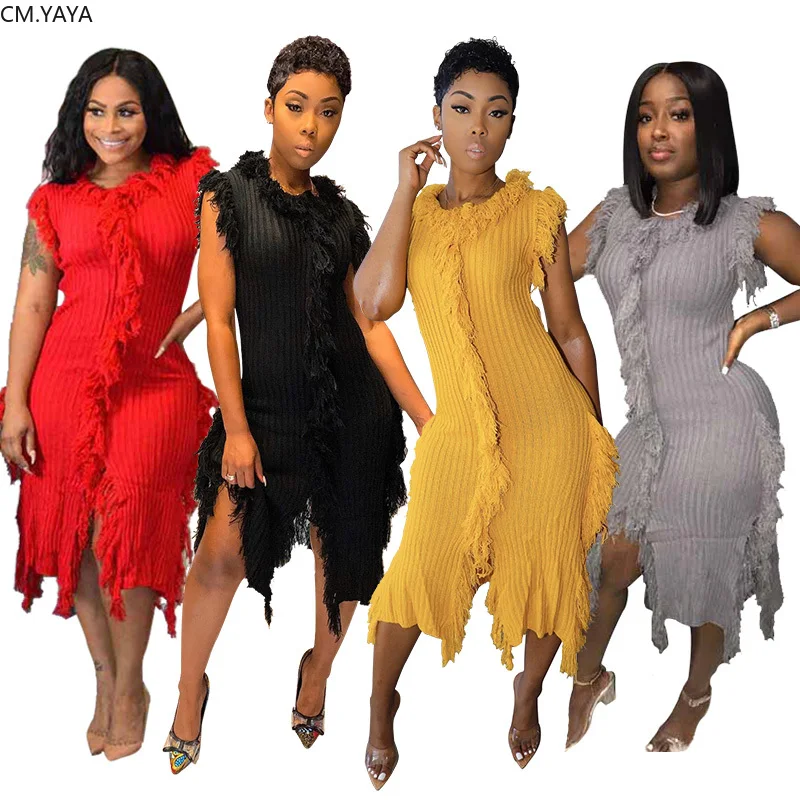 2019 осень зима женские с круглым вырезом без рукавов кисточками осеннее платье