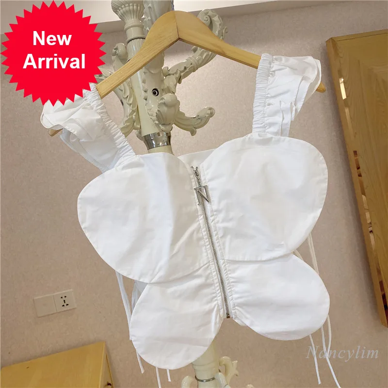 

Sleeveless Blouses for Women 2021 Summer New Design Three-Dimensional Butterfly Camis Tops Girls Ladies Top White
