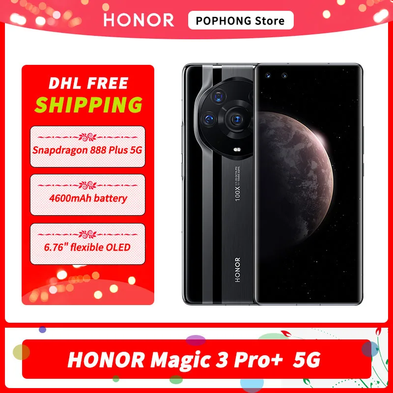 DHL Free HONOR Magic 3 Pro+ 5G Mobile Phone 6.76 OLED Curved Snapdragon 888 Plus Octa Core 50MP Quad Camera Magic 3 Pro Plus