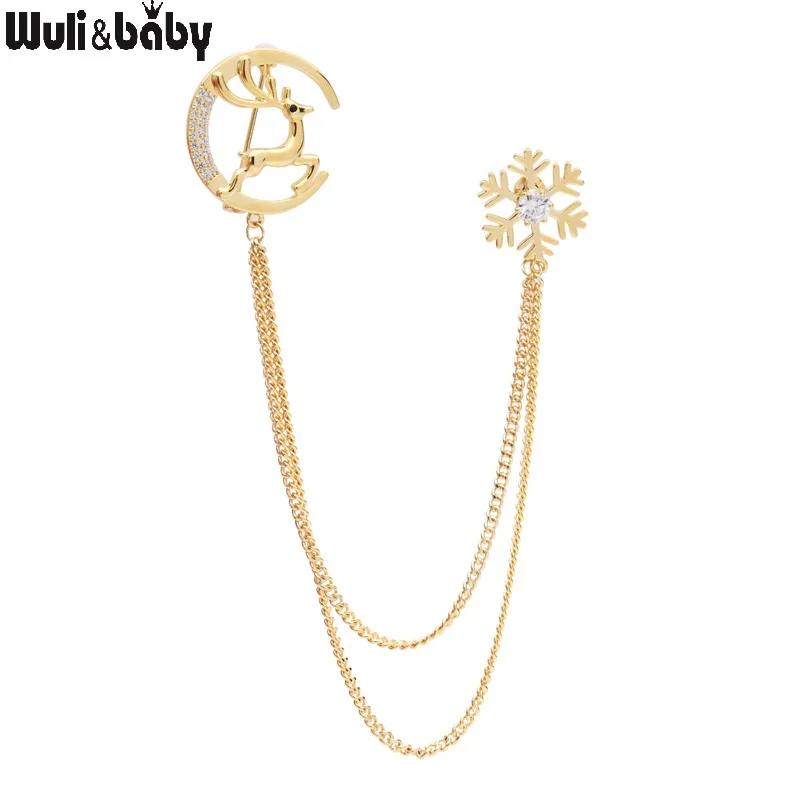 gold Wuli&baby Deer Elk Snowflake Tassel Brooches Gold Silver Color Czech Rhinestone Animal Collar Pins Christmas Gifts - Окраска металла: gold
