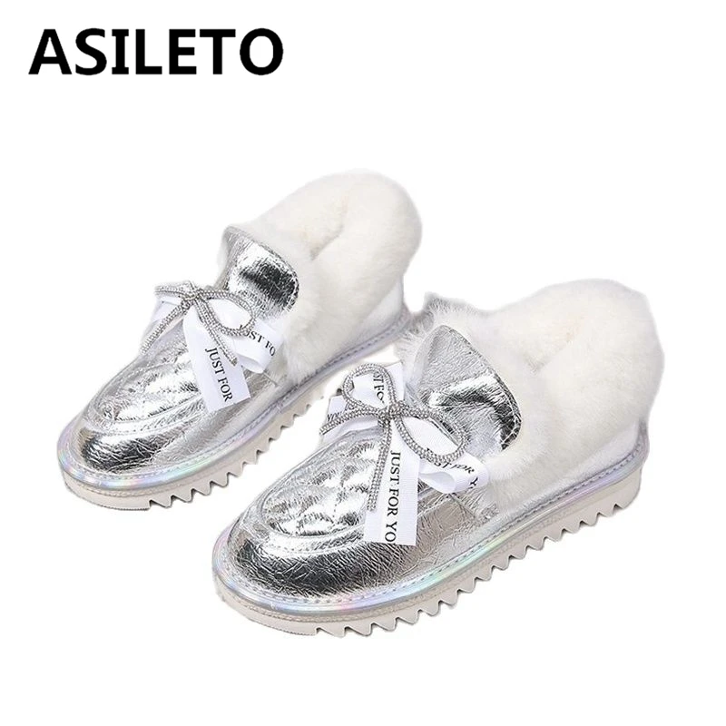 

ASILETO 2021 Winter Faux Fur Bling Women Ankle Solid Flat Round Toe Slip On Casual Fashion Snow Boots Shoes For Female