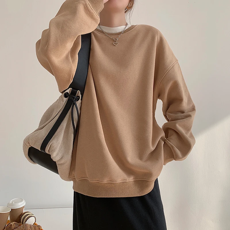 

Hooides Fashion Loose Pullover Sudaderas Mujer Spring Winter 2021 Fleece Thick Sweatshirt Women Vintage Brown Solid Warm O Neck