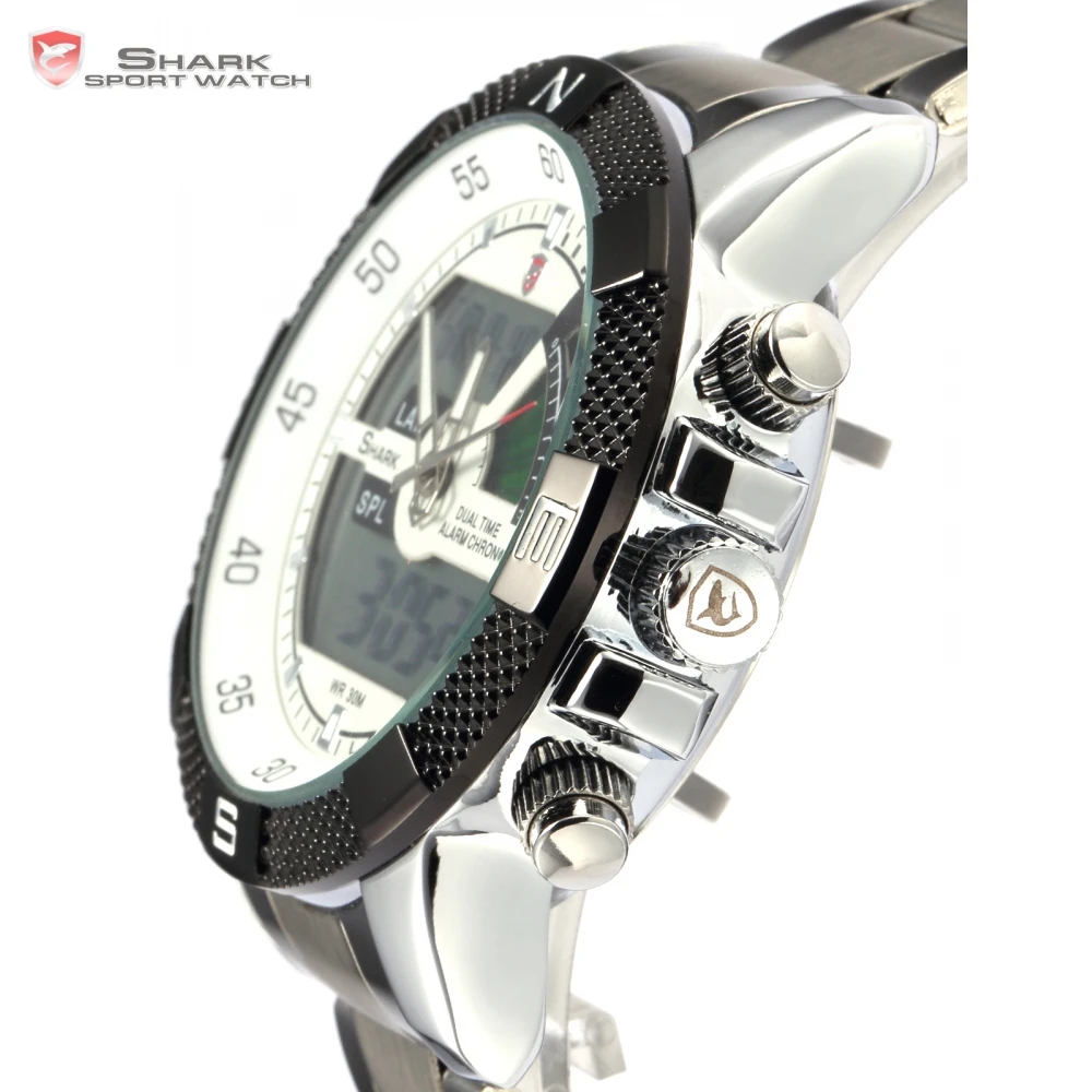 Акула спортивные часы Dual Time Цифровые стали Porbeagle Календарь Будильник Секундомер Мужские кварцевые наручные часы/SH046/047