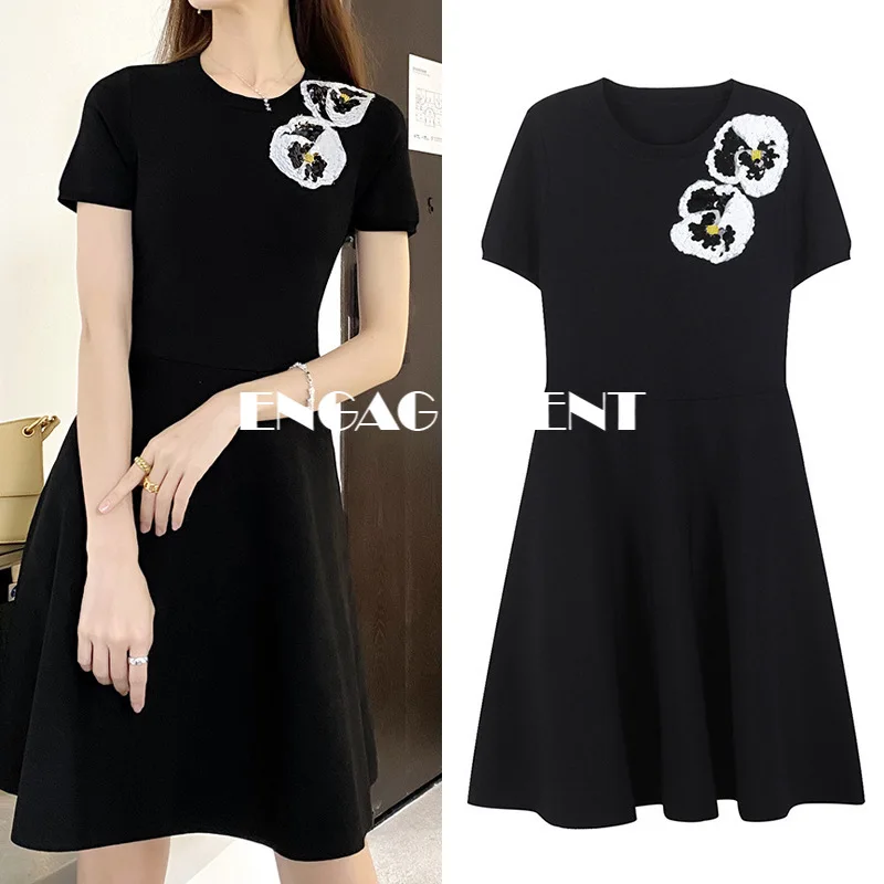 

ENGAGEMENT 2021 Summer New Shoulder Embroidered Little Black Dress French Beaded Sequins Slim Dress