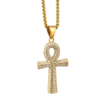 egyptian iced out ankh cross pendant necklaces for men male gold color stainless steel chains mens hiphop egypt jewelry gift