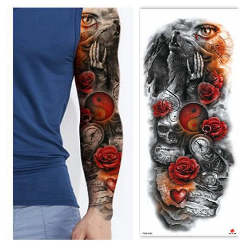 

Большой рукав с татуировкой, волк, глаза ангела, любовь, водостойкая наклейка, роза, тотем, боди-арт, полностью искусственная татуировка для ...