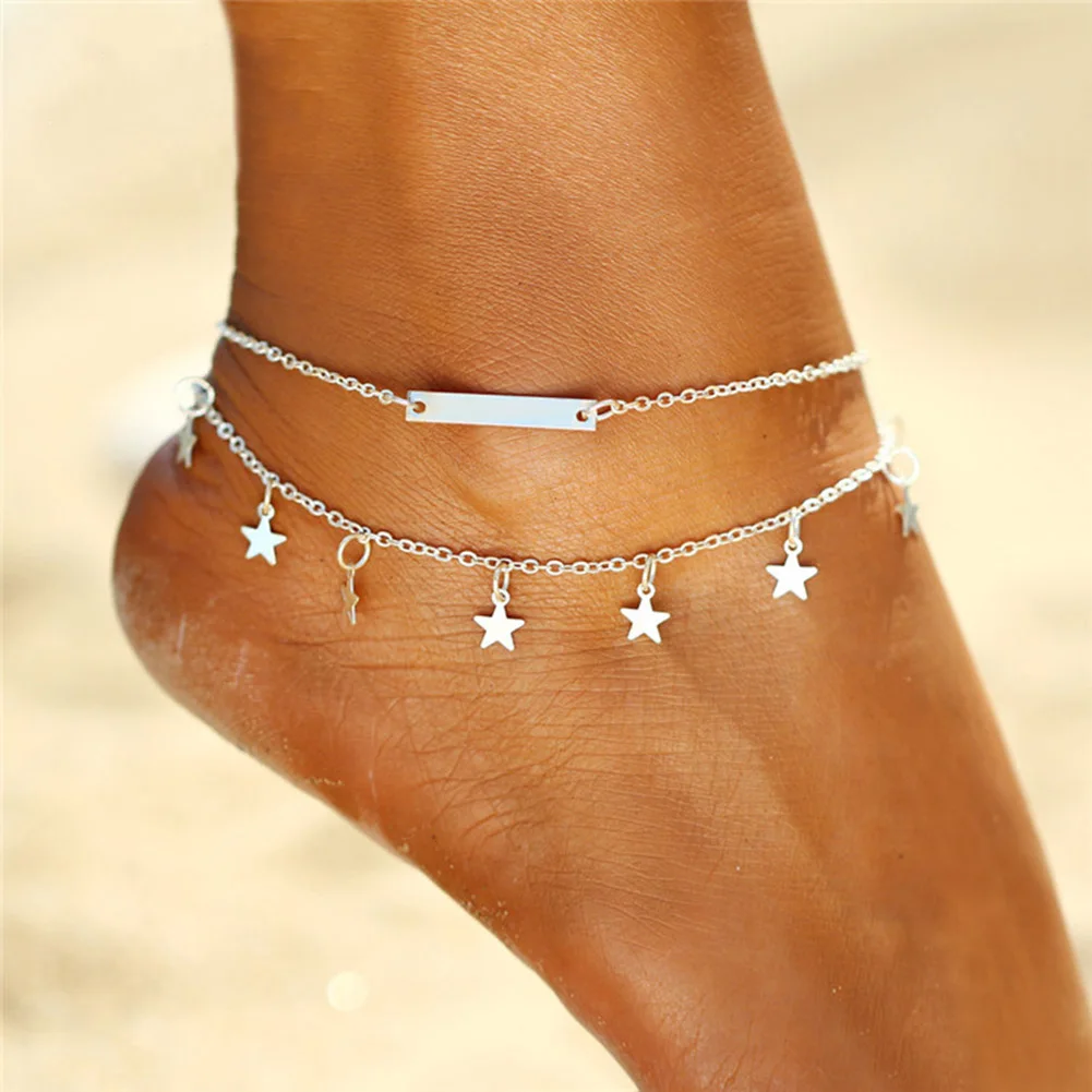 

Women Double Chain Stars Bracelet Anklet Barefoot Sandal Beach Foot For Girls Gift Jewelry Five-pointed Star Pendant Anklet