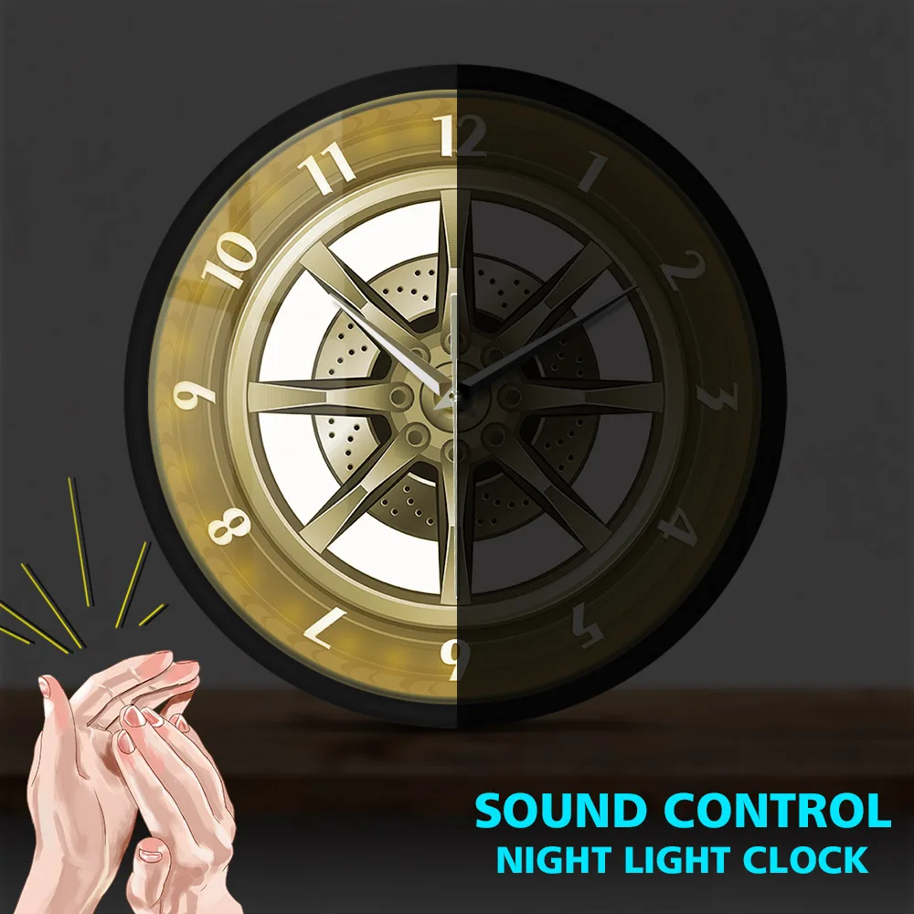 Service Repair Sound Activated Wall Clock Tire Wheel Auto Sound Control Time Mechanic Works Watch