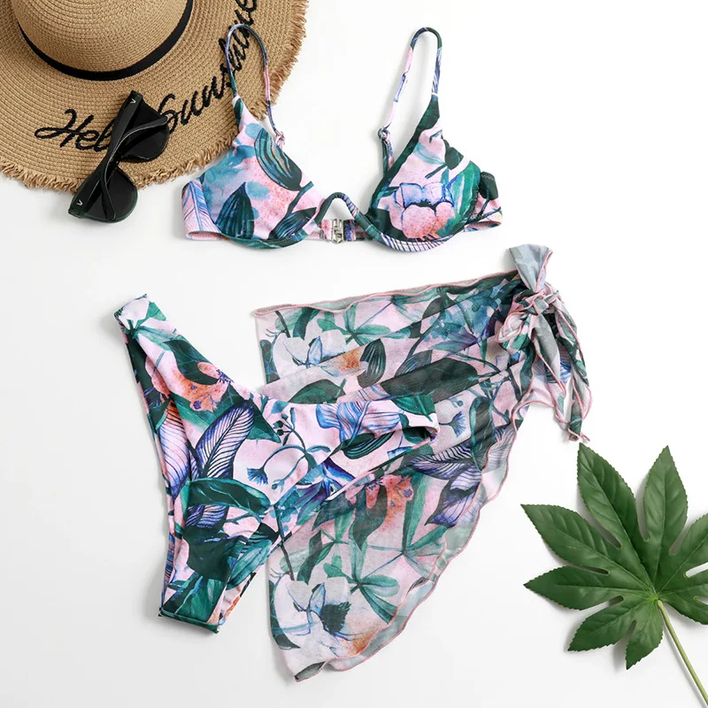

3 Piece Sexy Bikini Set Women Swimsuit Tie Dye Padded Biquini Brazilian Bathing Suit Thong Bikini 2021 Swimwear Women Skirt