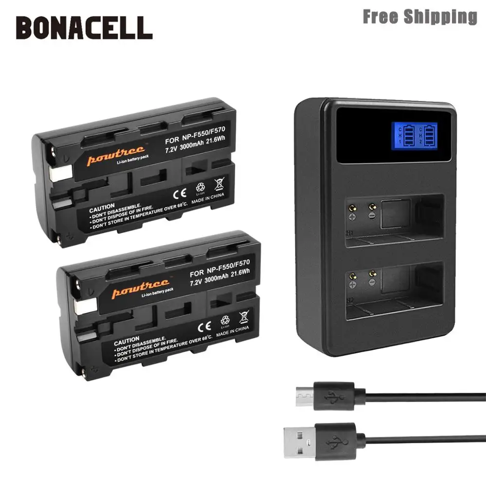 Bonacell 3000 мА/ч, NP-F550 NP F550 NPF550 Батарея+ ЖК-дисплей двойной Зарядное устройство для sony NP-F330 NP-F530 NP-F570 NP-F730 NP-F750 Hi-8 L50 - Цвет: 2 Pack Battery