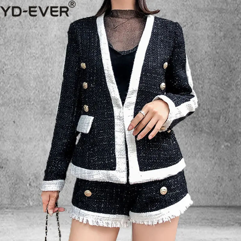 Женское твидовое пальто в стиле пэчворк черная и белая двубортная шерстяная