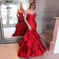 mermaid red satin strapless prom party evening dresses vestido de noiva sereia gown robe de soiree prom party draped lace up
