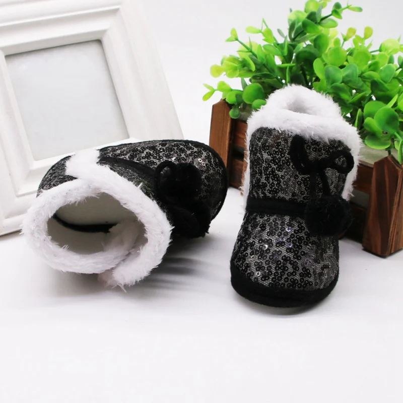 

Baby Boy Girl Sequin Winter Warm Snow Boots With Plush Ball Infant Anti-slip Toddler Shoes Newborn Cotton Shoes